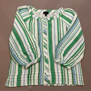 Talbots Women 3/4 Sleeve Cotton Button Up Green & Blue Striped Top Size Medium